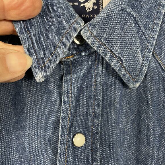 Vtg Wrangler 80s Pearl Snap Western Denim Shirt Men 17.5 X 34 X-Long Tails USA - Picture 9 of 13
